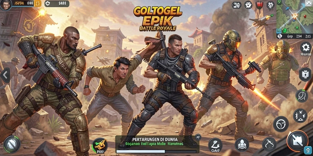 Gameplay GOLTOGEL dengan pertarungan intens dalam arena Battle Royale.