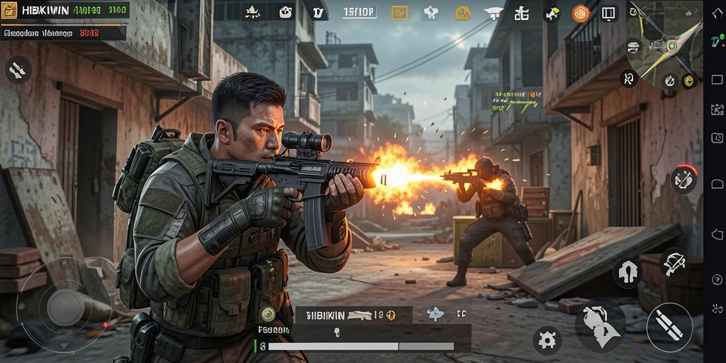 Tampilan gameplay HIBIKIWIN dengan aksi tembak-menembak seru.