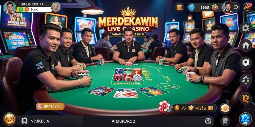 Screenshot gameplay MERDEKAWIN yang menampilkan dealer langsung dan suasana kasino.