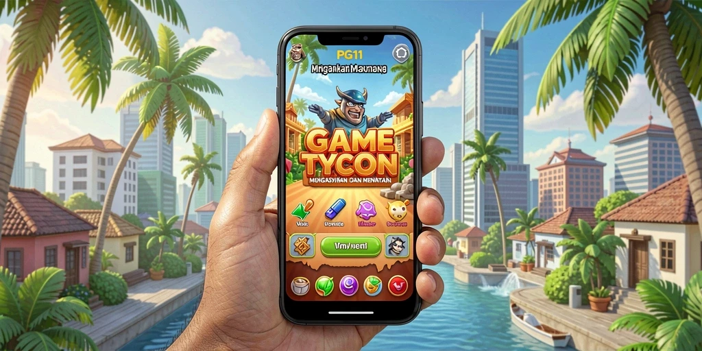 Tampilan gameplay PG11 yang menarik dengan berbagai elemen bisnis.